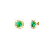naode paris puces d'oreilles soleil brodées de fil vert turquoise métal plaqué or. ces boucles d'oreille femme est très originale, dispo en notre boutique de bijoux créateurs à Paris et sur notre site de bijoux.
